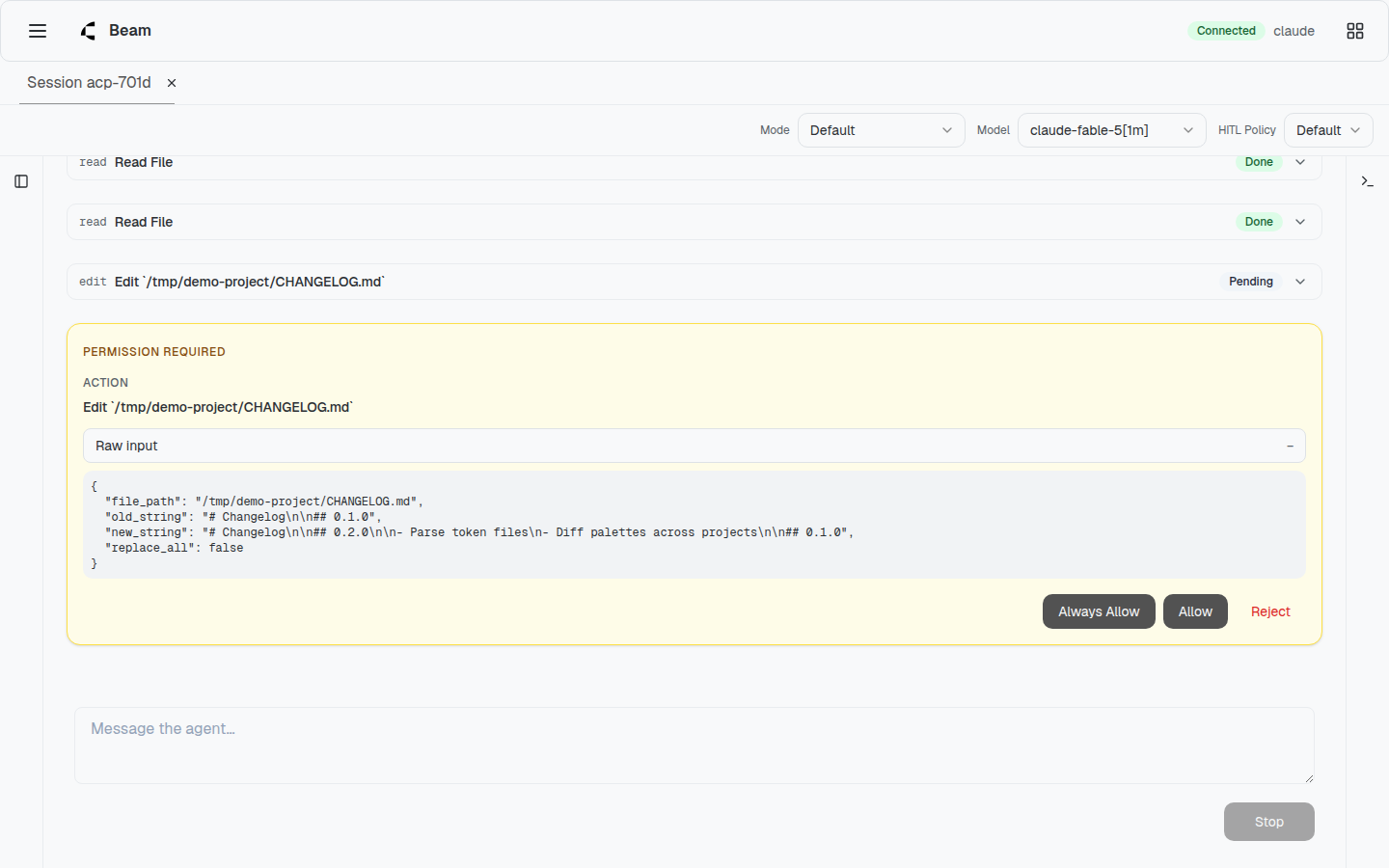 An inline permission card in the chat transcript showing the tool call awaiting a decision, with Allow and Deny buttons
