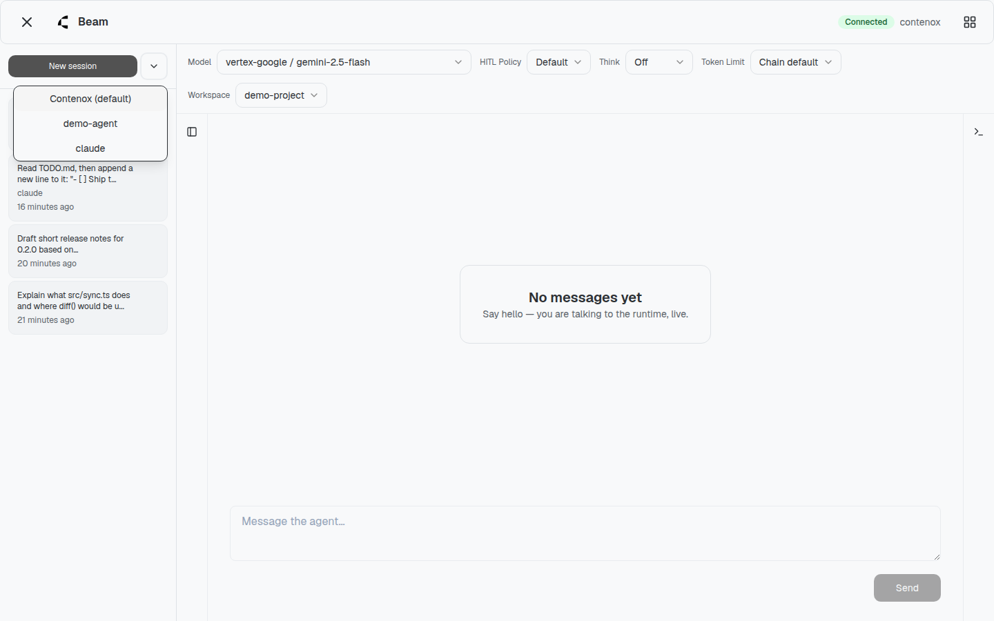 The agent picker open in the sessions sidebar, with the native Contenox agent at the top and registered external agents listed below it