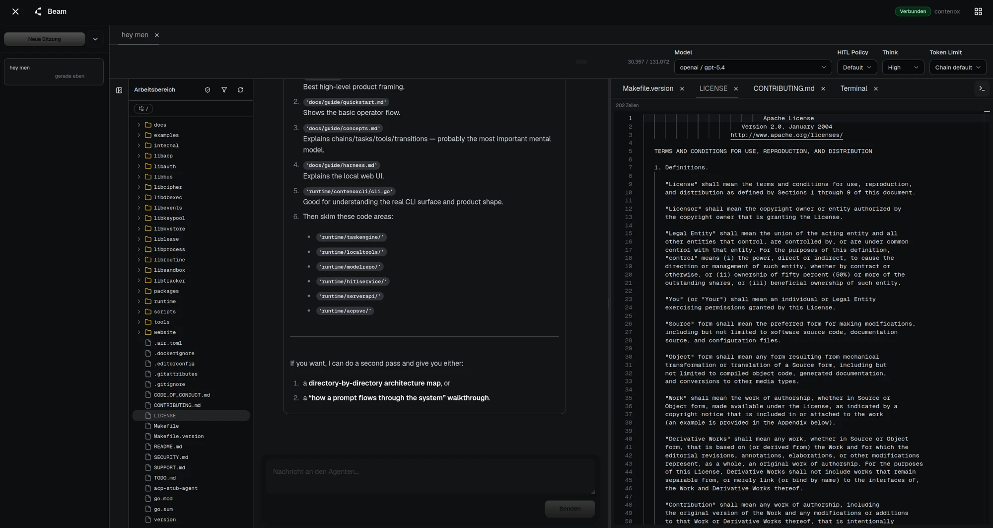 The Contenox workbench: workspace tree, live transcript and file preview beside one session.