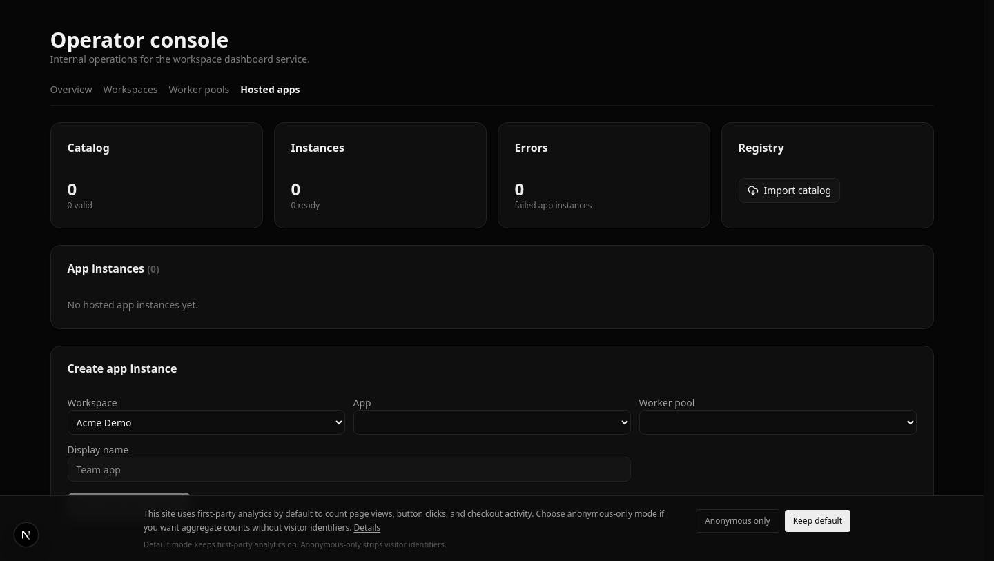 The operator console's hosted-apps view, where an OCI chart becomes a per-tenant instance