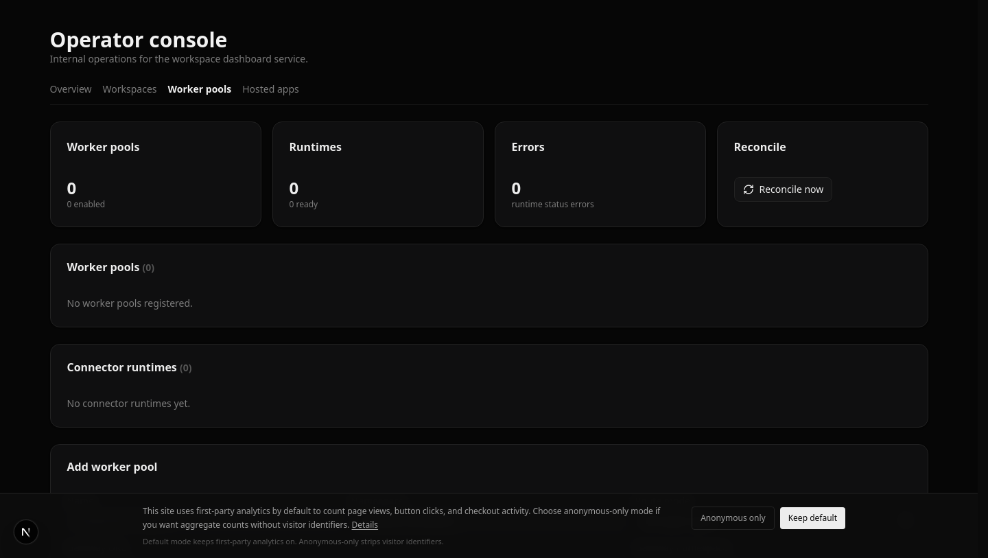 The operator console's worker-pools view