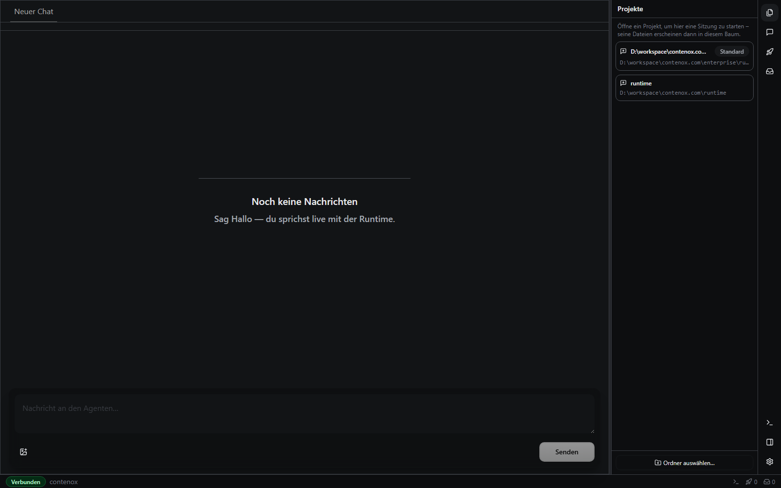 The Beam Desktop shell: an empty chat pane, a workspace-roots rail listing two projects, and a status pill in the corner reporting the runtime connection