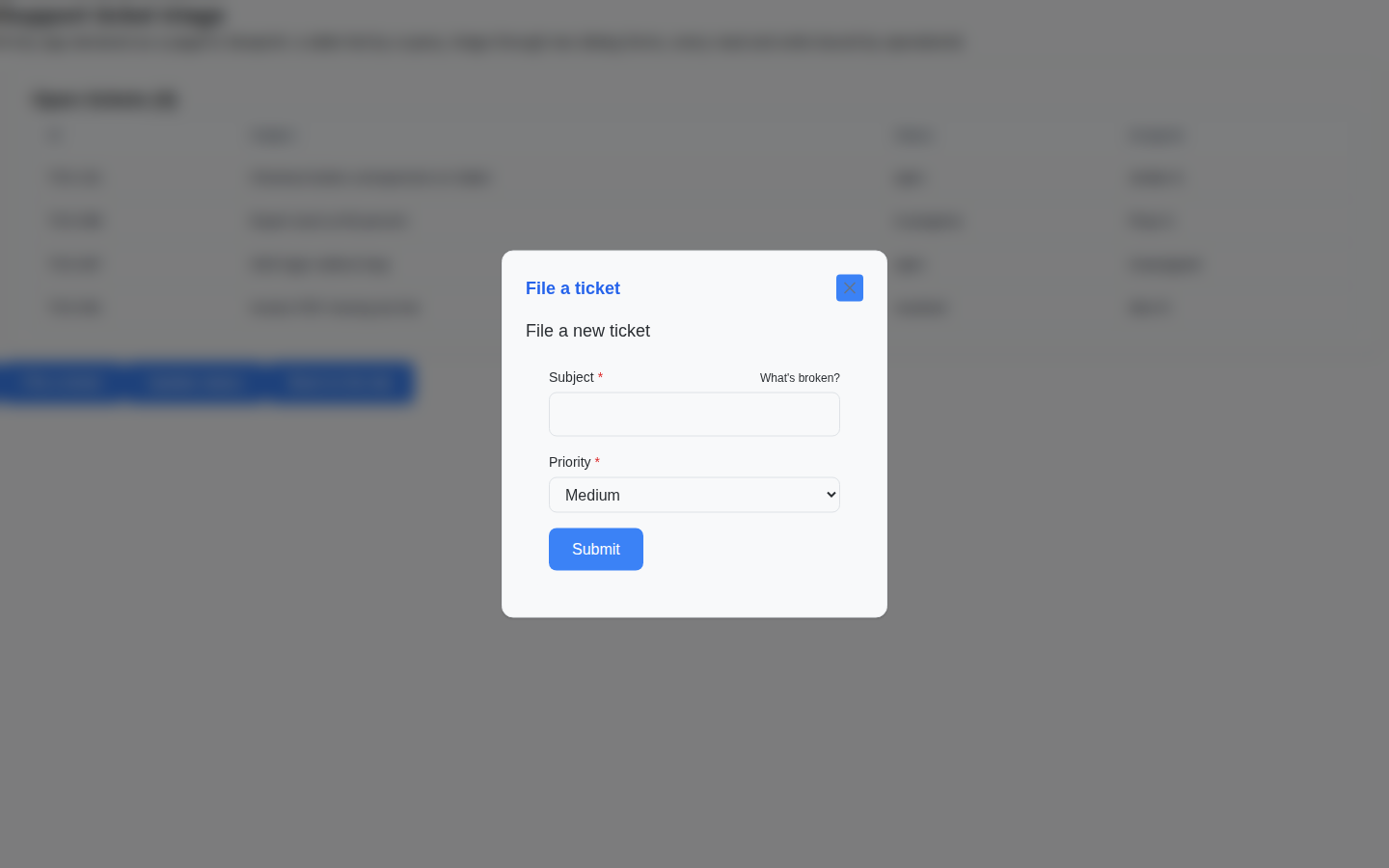 The "File a ticket" dialog open over the board, showing the form-string-input and form-select blocks the document declared