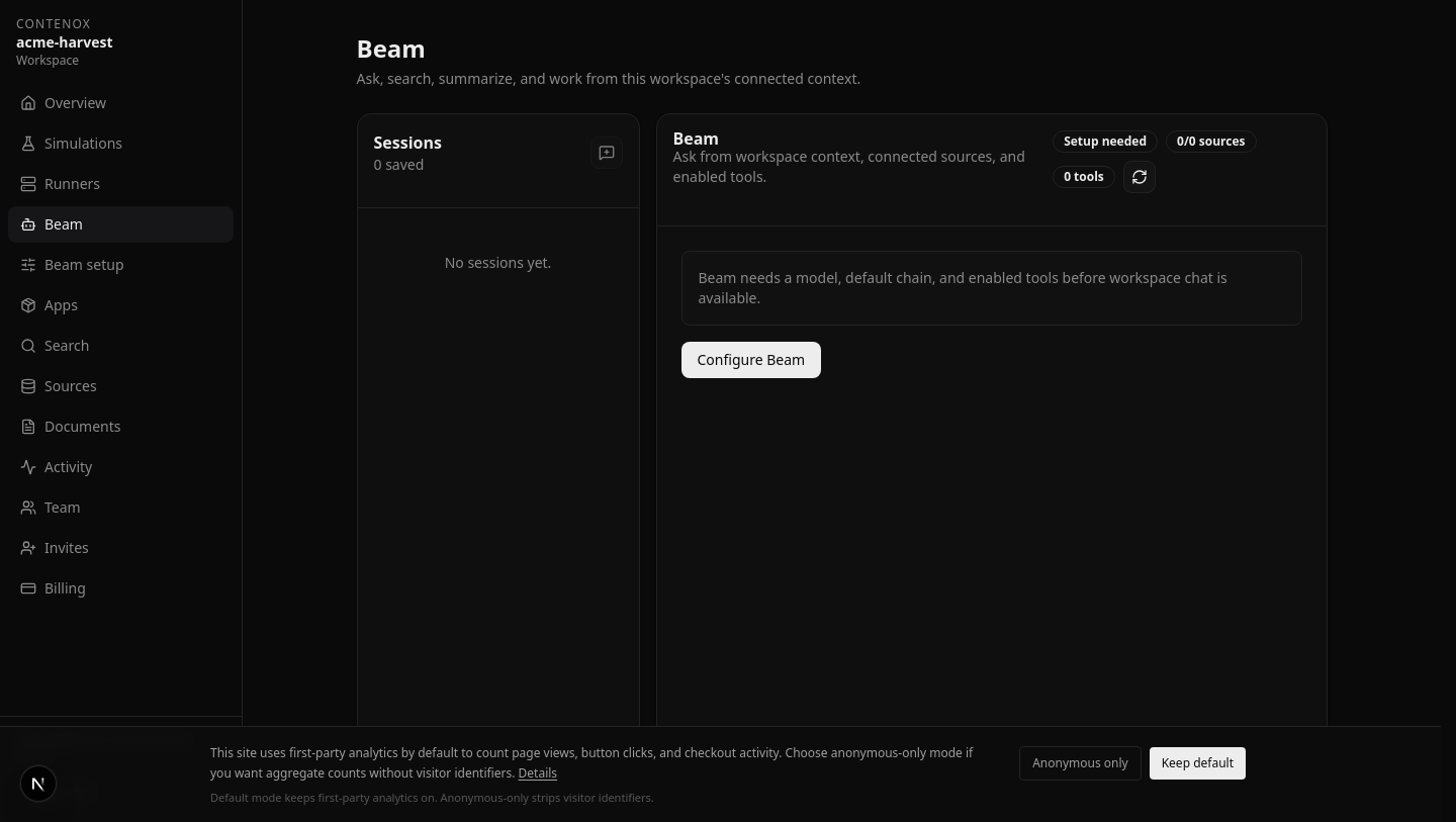 Bob's Beam workbench: sessions on the left, workspace-context chat on the right, gated behind model and tool setup