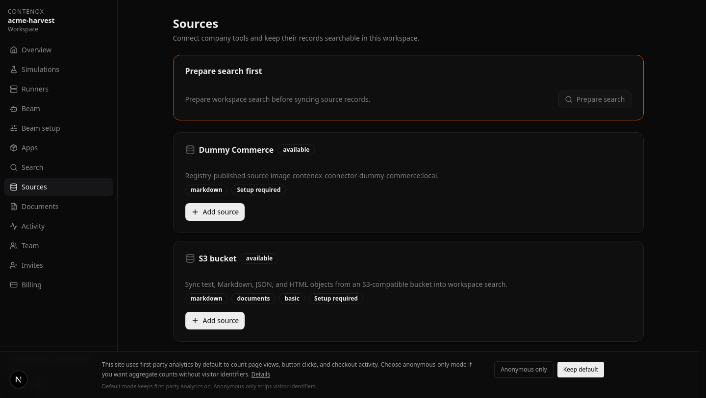 Bob's Sources page listing available connector types — a dummy commerce source and an S3 bucket source