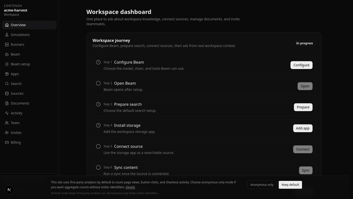 Bob's workspace dashboard: the onboarding journey from configuring Beam to syncing the first source