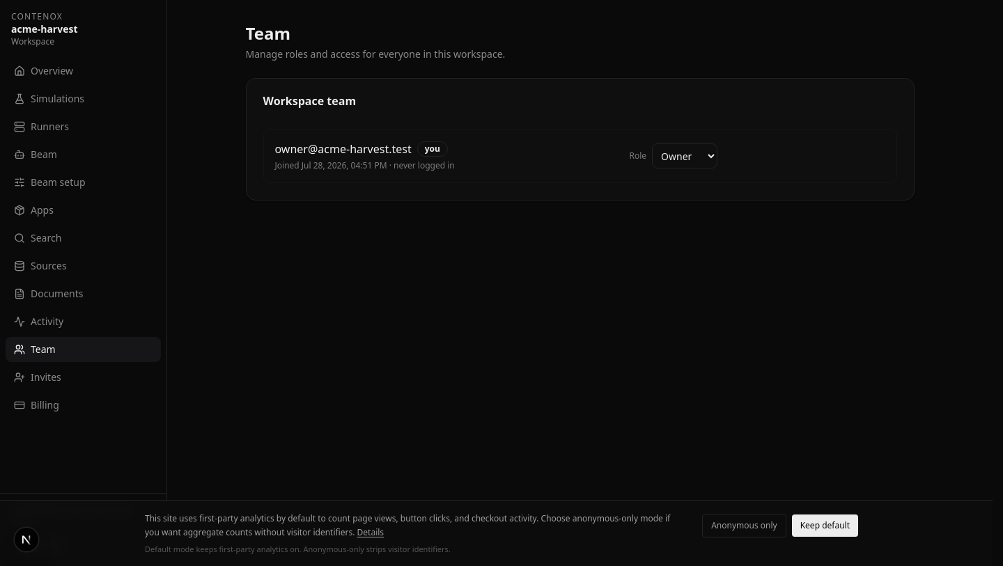 Bob's members page listing the workspace's people with their owner, admin, and member roles