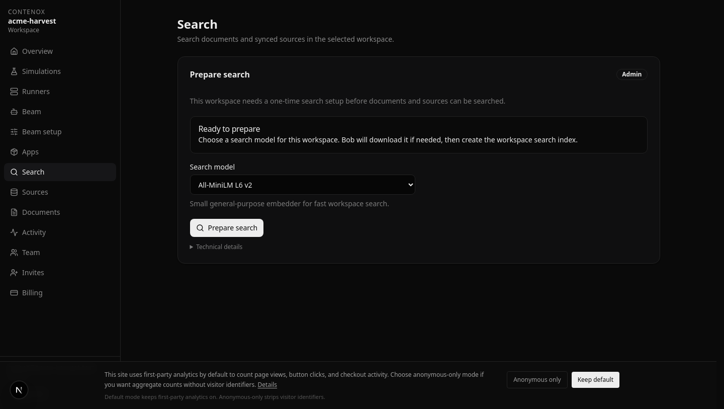 Bob's search setup: choosing an embedding model before the workspace index is built