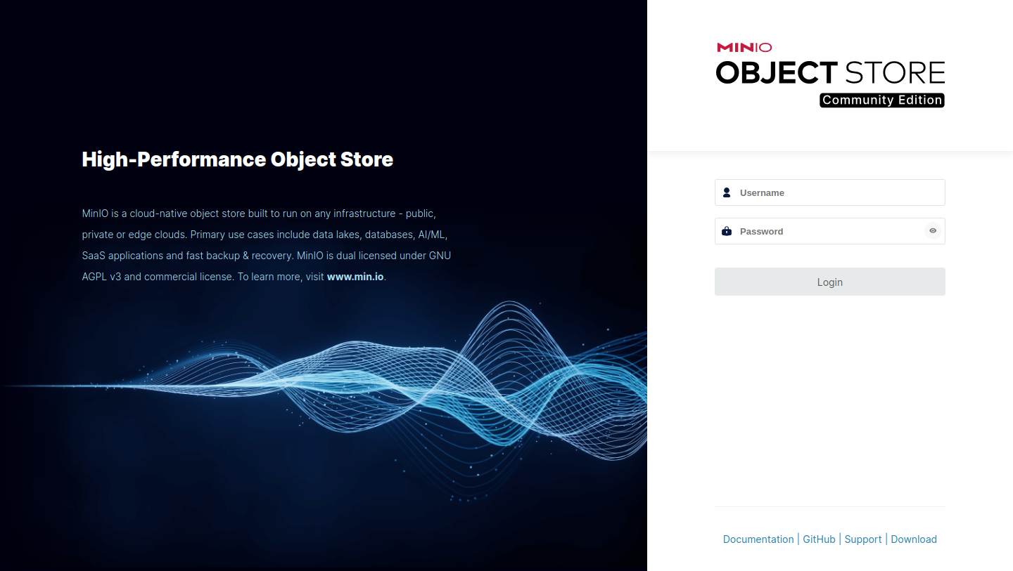 The MinIO console of an object-storage app installed into a workspace through Bob's hosted-apps catalog