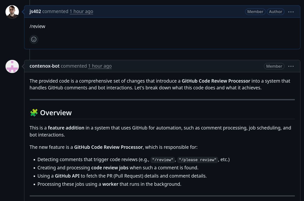 A pull request comment reading /review, answered minutes later by contenox-bot with a structured analysis of the GitHub Code Review Processor — the very feature that pull request introduced